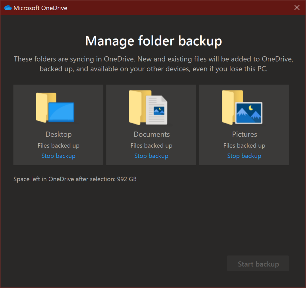 The OneDrive "Manage Backup" dialog box.